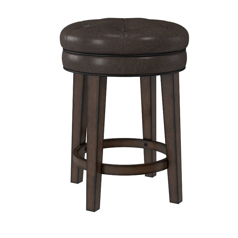 Classic Charcoal Gray Button-Tufted Leather Swivel Counter Stool