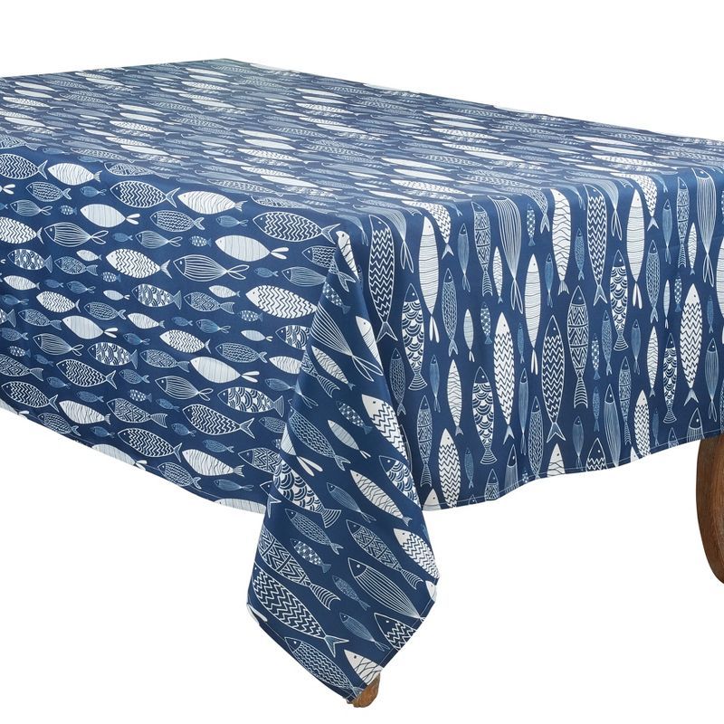 Navy Blue Fish Print Fabric Tablecloth