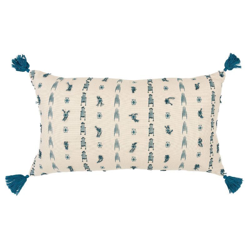 Beige and Blue Embroidered Lumbar Pillow with Tassels