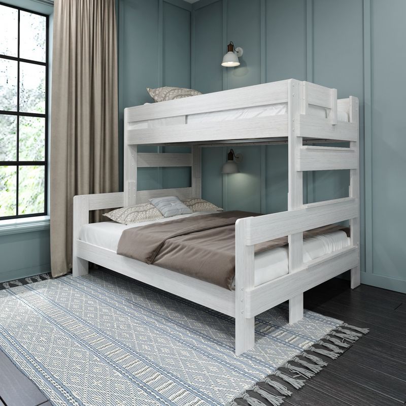 White Wash Pine Wood Queen Bunk Bed Frame with Slats