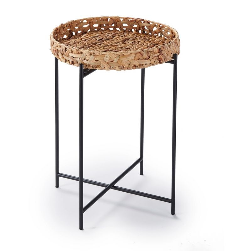 Round Seagrass and Metal Foldable Side Table