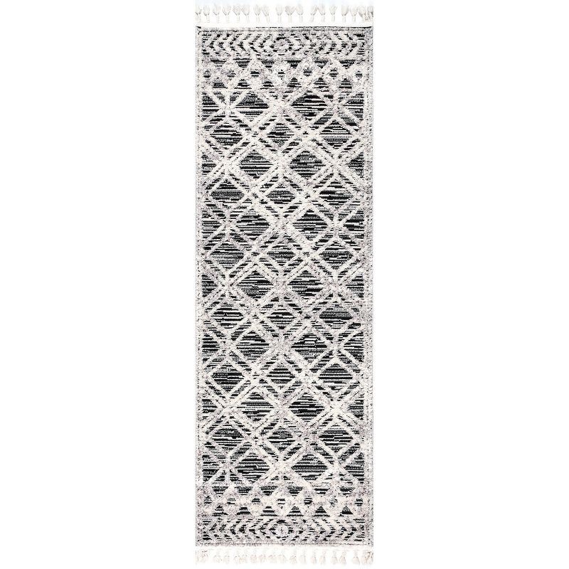 Gray Moroccan Lattice Tassel Runner Rug with Braided Shag