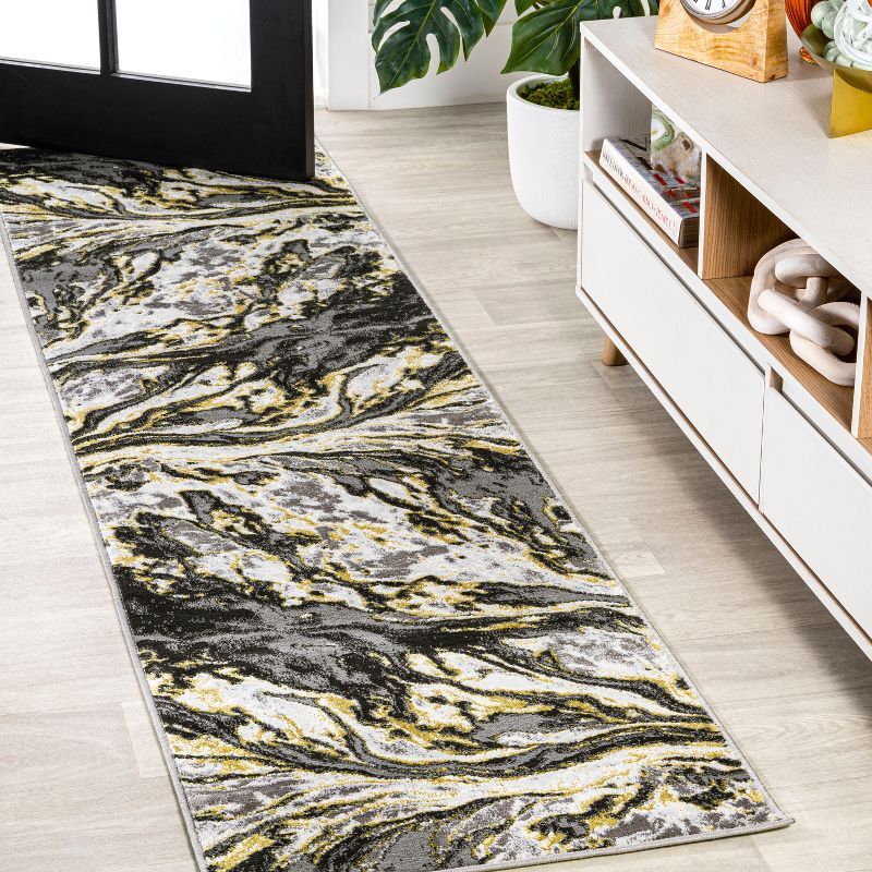 Reversible Black and Yellow Abstract Synthetic Area Rug