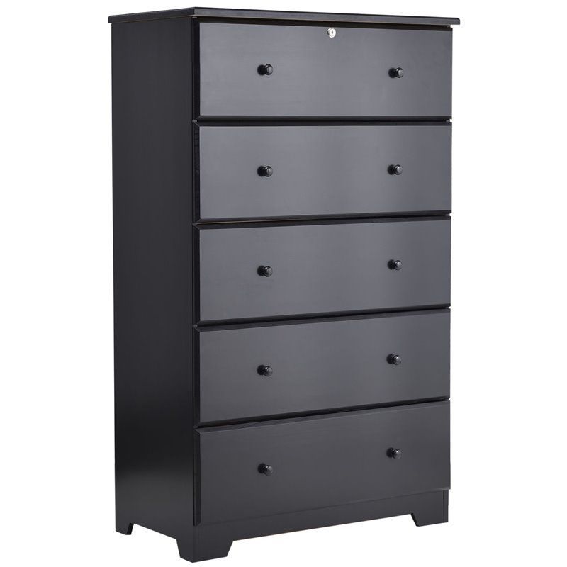 Isabela Mid-Century Black Solid Pine 5-Drawer Vertical Chest