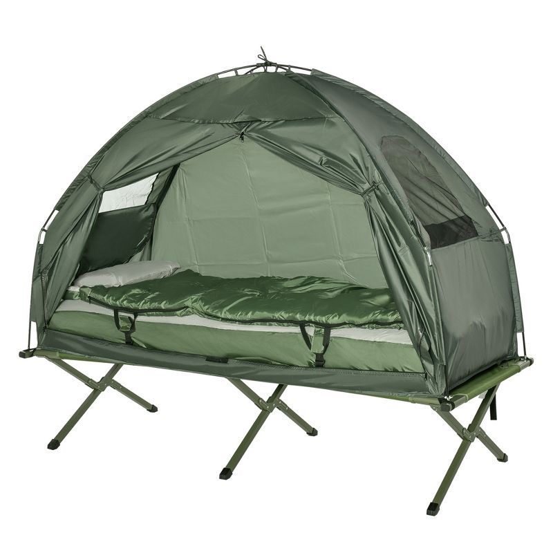 Green Portable Camping Cot Tent with Air Mattress and Sleeping Bag