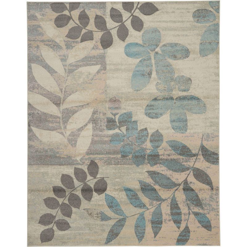 Ivory and Light Blue Floral Synthetic 8' x 10' Area Rug