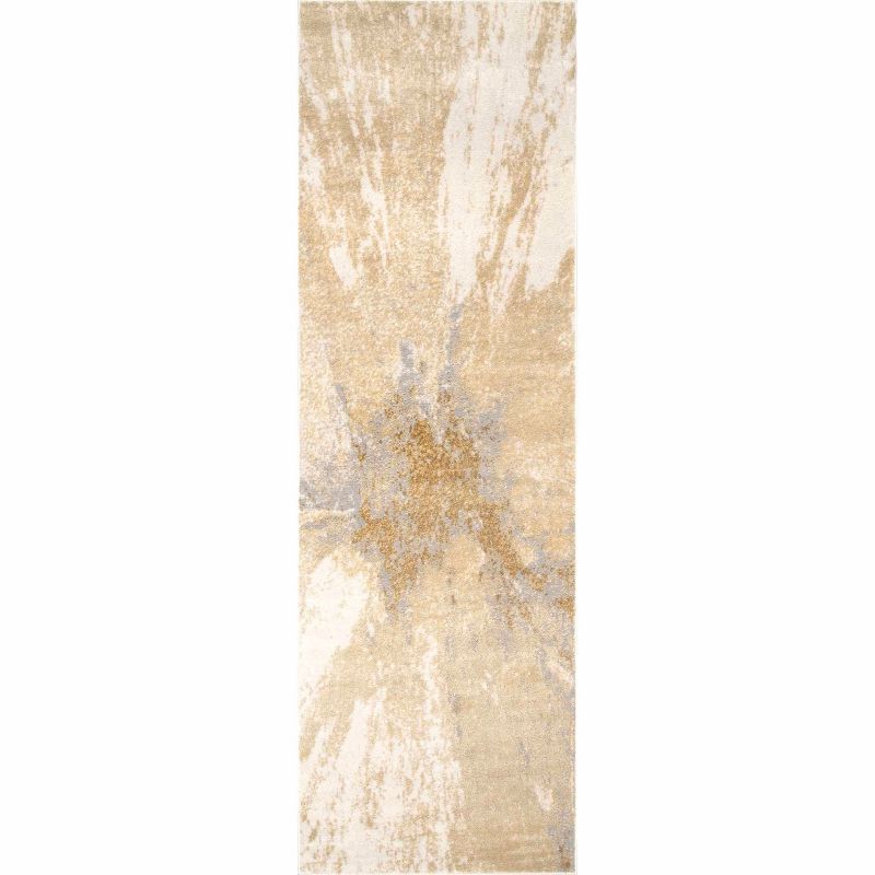 Gold and Ivory Abstract Synthetic Runner Rug, 2' 6" x 12'