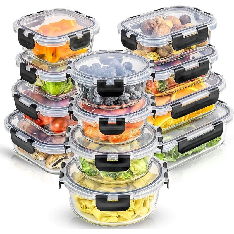 JoyFul 24-Piece Clear and Black Glass Meal Prep Containers Set