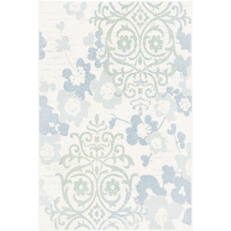 Ivory and Blue Floral Synthetic 6' x 9' Area Rug