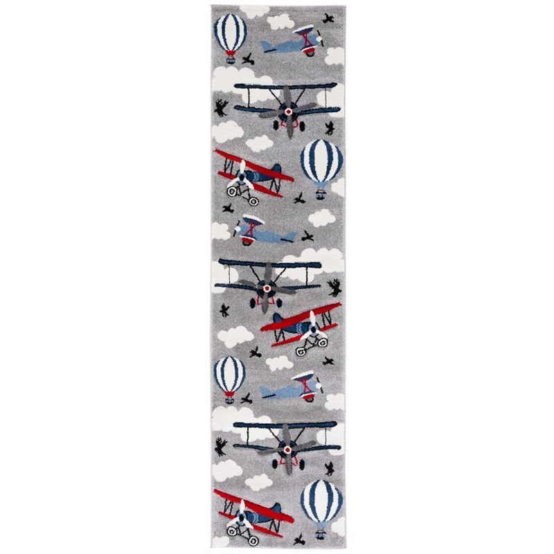 Light Grey and Red Aviation Pattern Synthetic Runner Rug for Kids