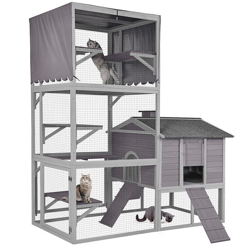 Large Gray Wooden Outdoor Cat House with Vertical Climbing Enclosure