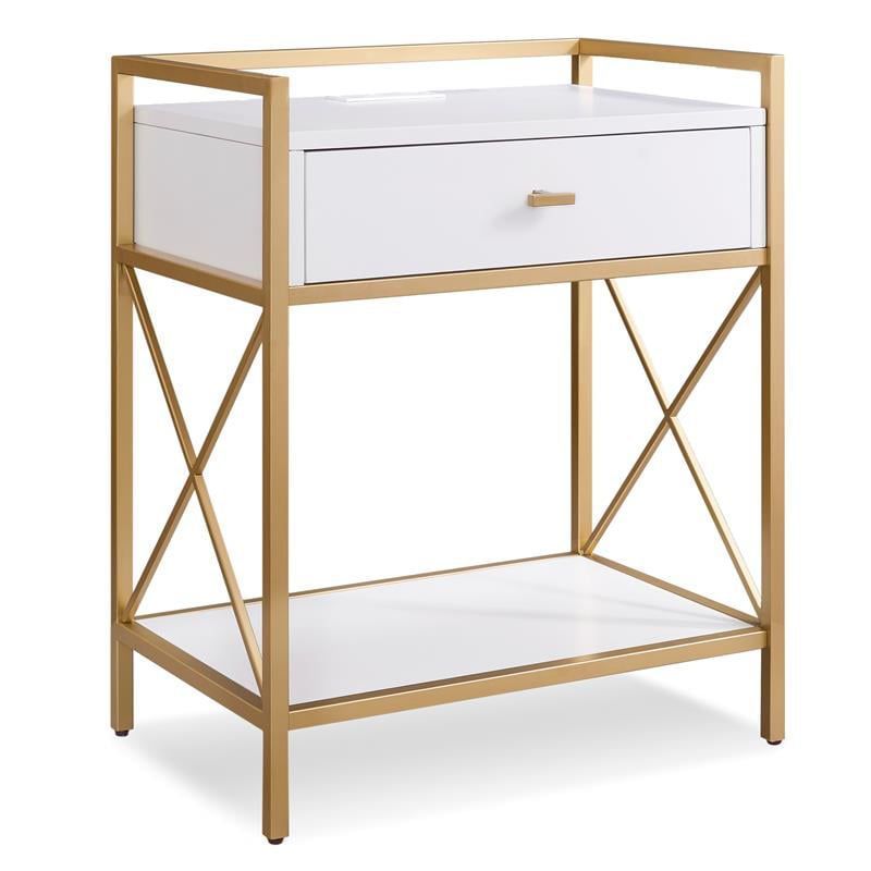 White and Gold Metal Nightstand with USB Charging