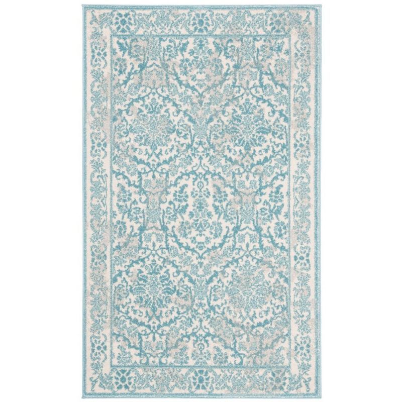Ivory and Light Blue Synthetic Round Area Rug, 4' x 6'