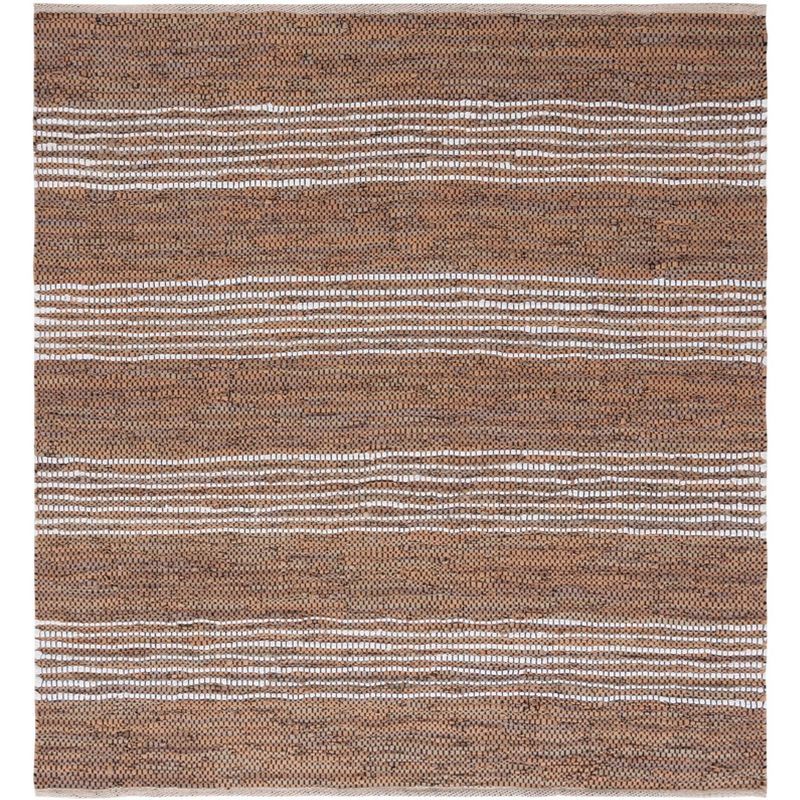 Vintage Light Brown and Ivory Leather Striped Square Rug