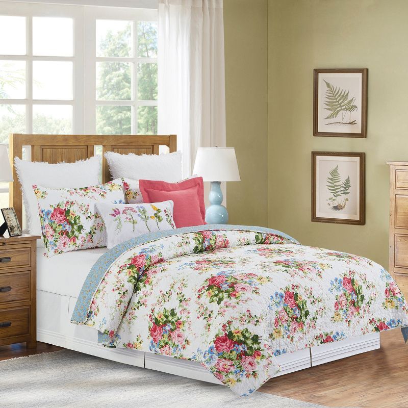 Cottage Rose Blue Floral Reversible Cotton Twin Quilt Set