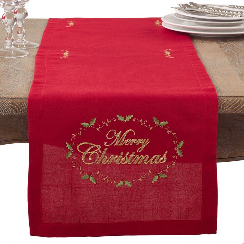 Red Polyester Merry Christmas Embroidered Table Runner