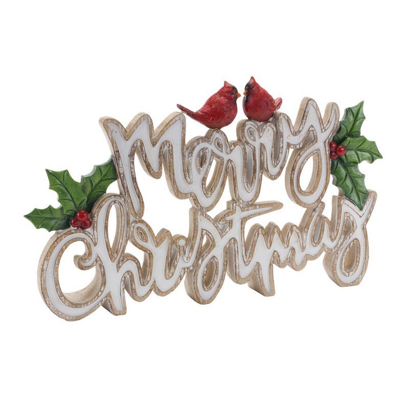 White and Gold Resin Merry Christmas Sign with Cardinals