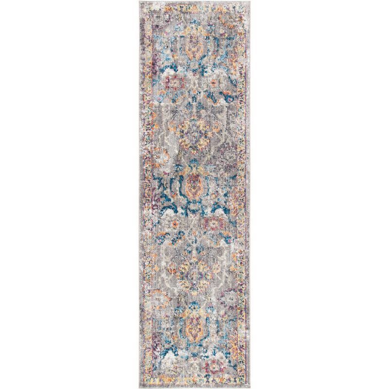 Grey and Blue Synthetic Hand-Knotted Runner Rug