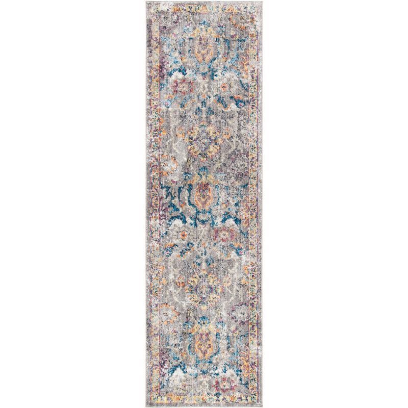 Grey and Blue Synthetic Vintage Runner Rug, 2'3" x 10'