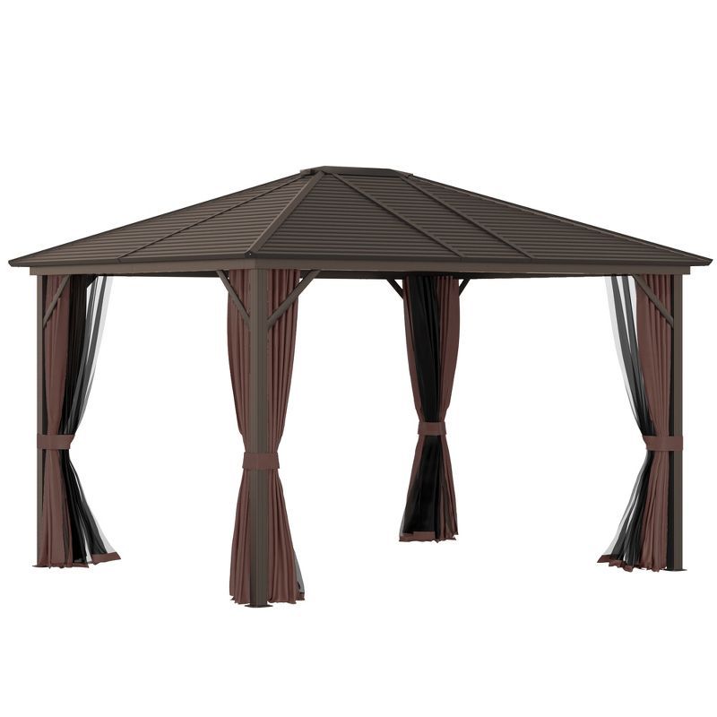 Outsunny 12' x 10' Brown Aluminum Hardtop Gazebo with Curtains