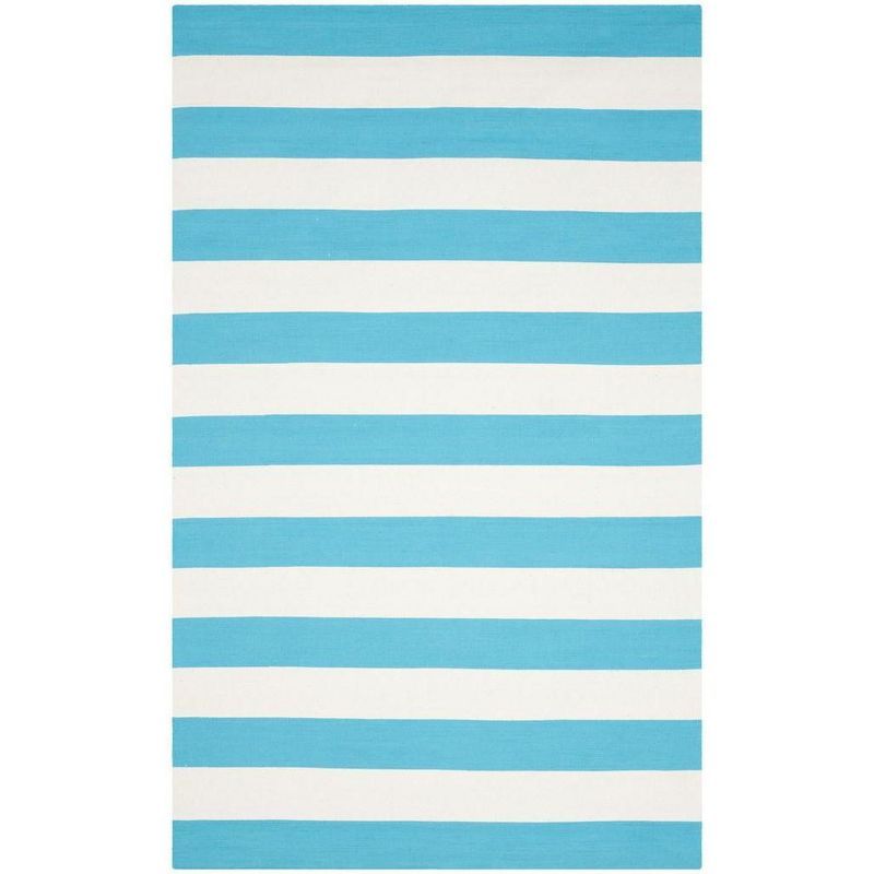 Turquoise and Ivory Handwoven Cotton Stripe Rug, 5' x 8'