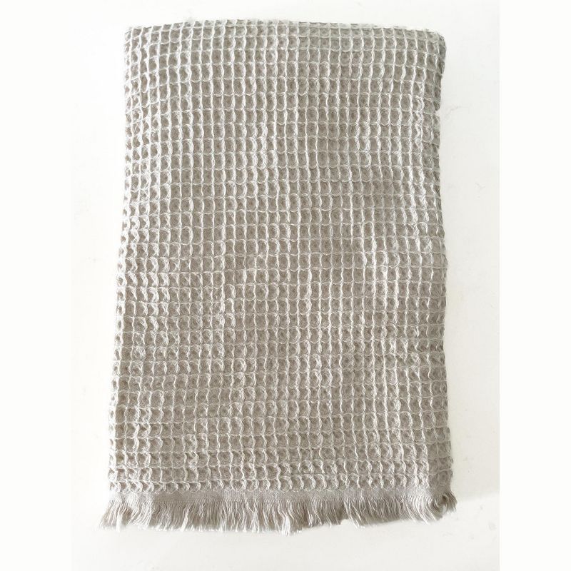 Beige Cotton Waffle Throw Blanket with Fringe