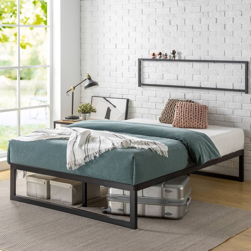 King Black Metal Frame Upholstered Platform Bed with Slats