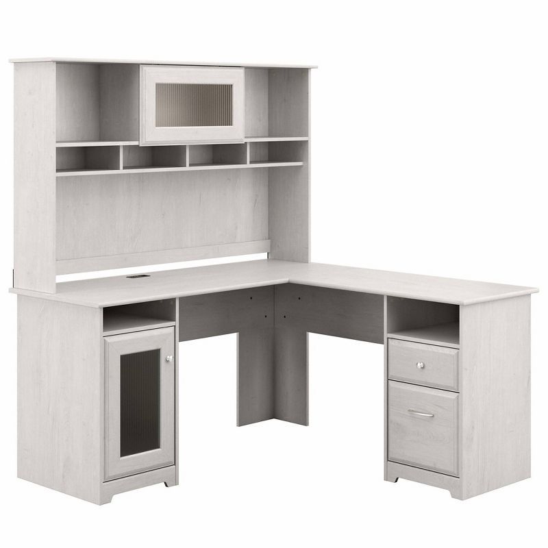 Linen White Oak L-Shaped Desk with Hutch and USB Hub