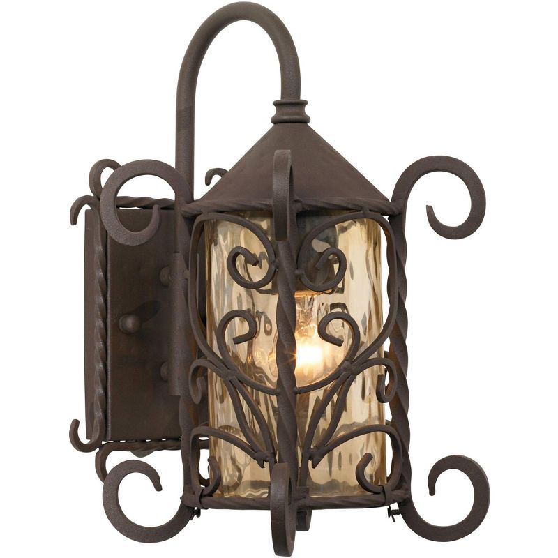 Rustic Dark Walnut Iron Scroll Outdoor Wall Light with Champagne Glass