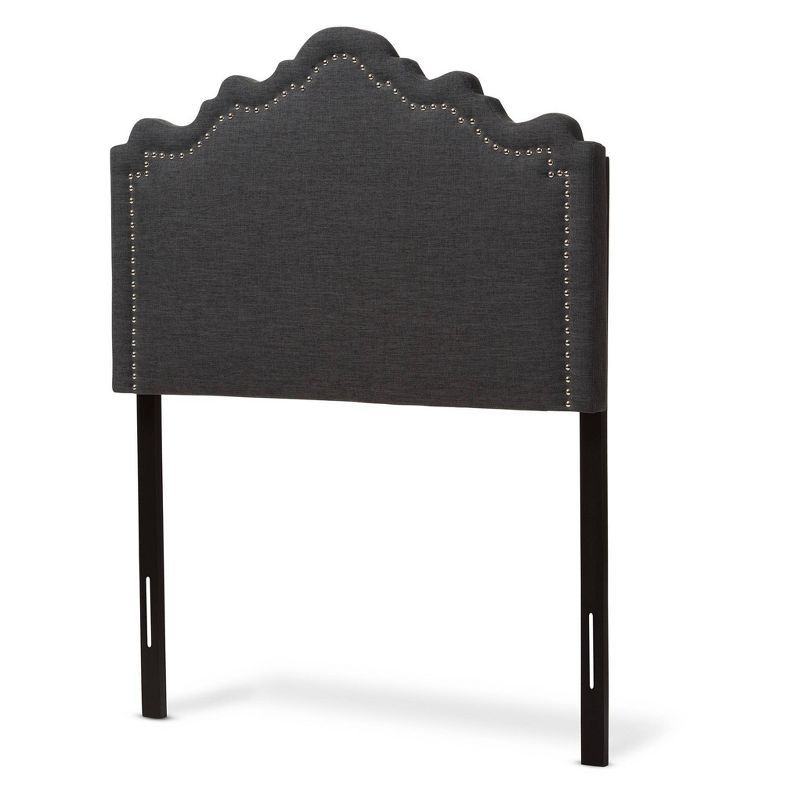 Nadeen Queen Dark Grey Leather Upholstered Headboard with Silver Trim