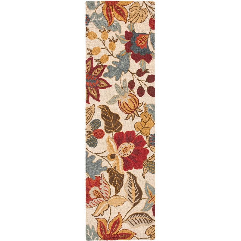 Ivory and Multicolor Floral Wool Runner Rug, 2'3" x 6'