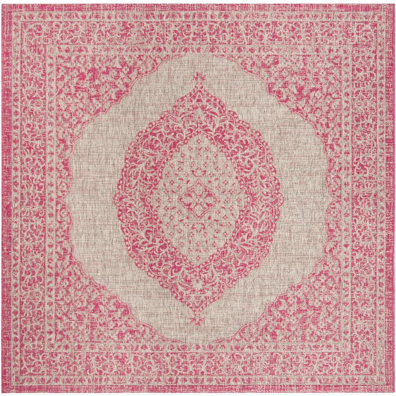 Light Grey and Fuchsia Square Synthetic Indoor/Outdoor Rug