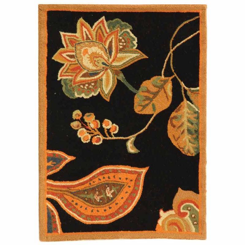 Hand-Knotted Black Floral Wool Rectangular Rug