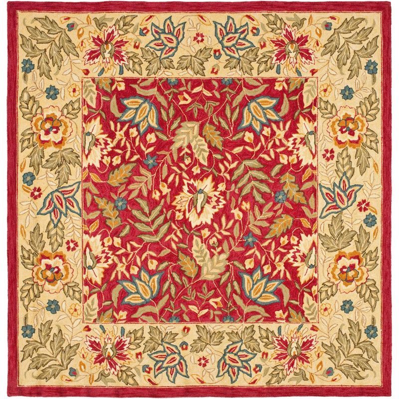 Handmade Red Floral Wool Square Area Rug, 6'