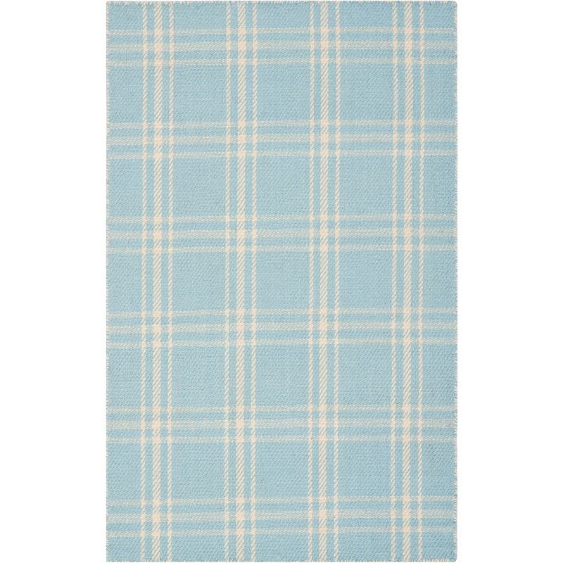 Light Blue Plaid Wool and Cotton Flat Woven Rug