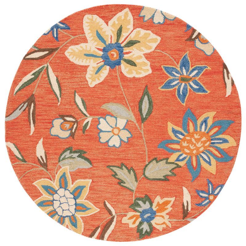 Ivory and Rust Floral Handmade Wool Round Rug