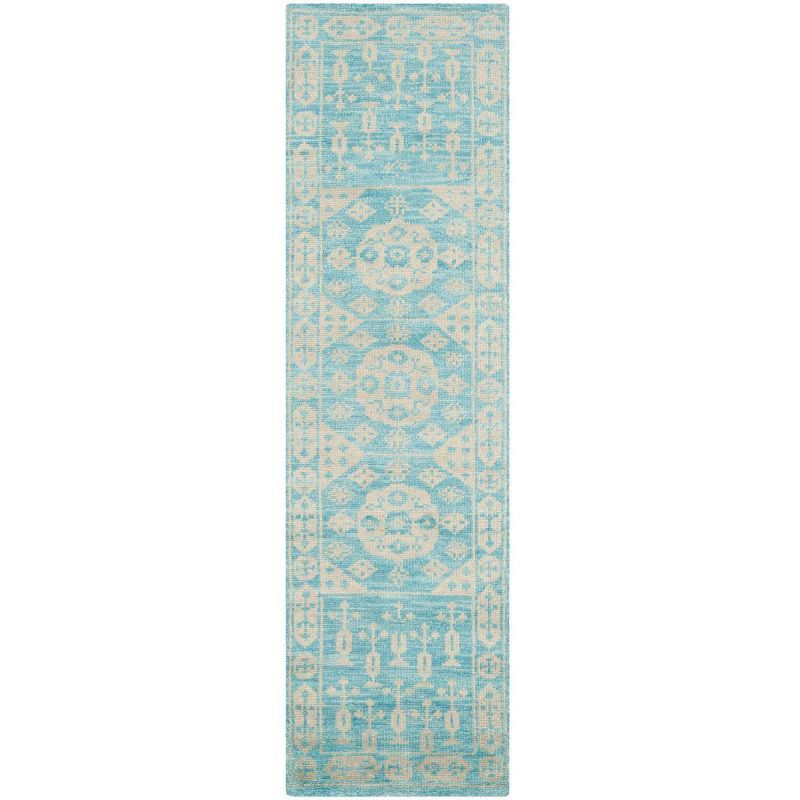 Kenya Hand-Knotted Blue Wool Geometric Runner Rug