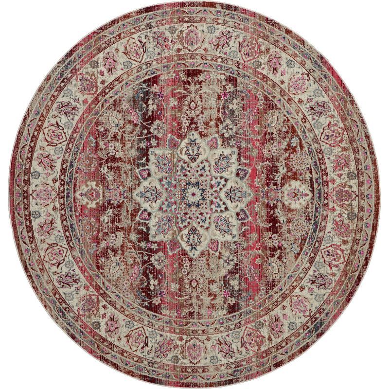 Vintage Kashan Red Round Synthetic Rug with Floral Accents