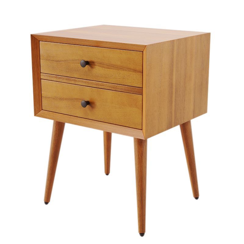 Natural Acacia Wood Mid-Century Modern 2-Drawer Nightstand