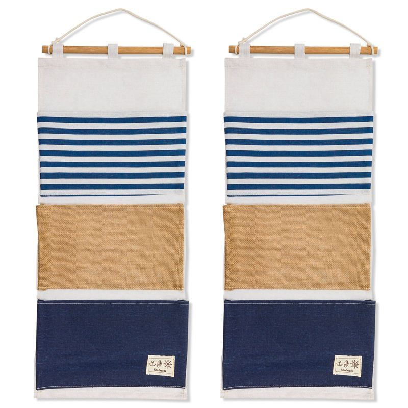 Blue and Beige Cotton Hanging Organizer with Wooden Rod, 2-Pack