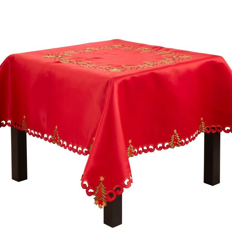 Red Christmas Tree Design Polyester Tablecloth with Gold Stars