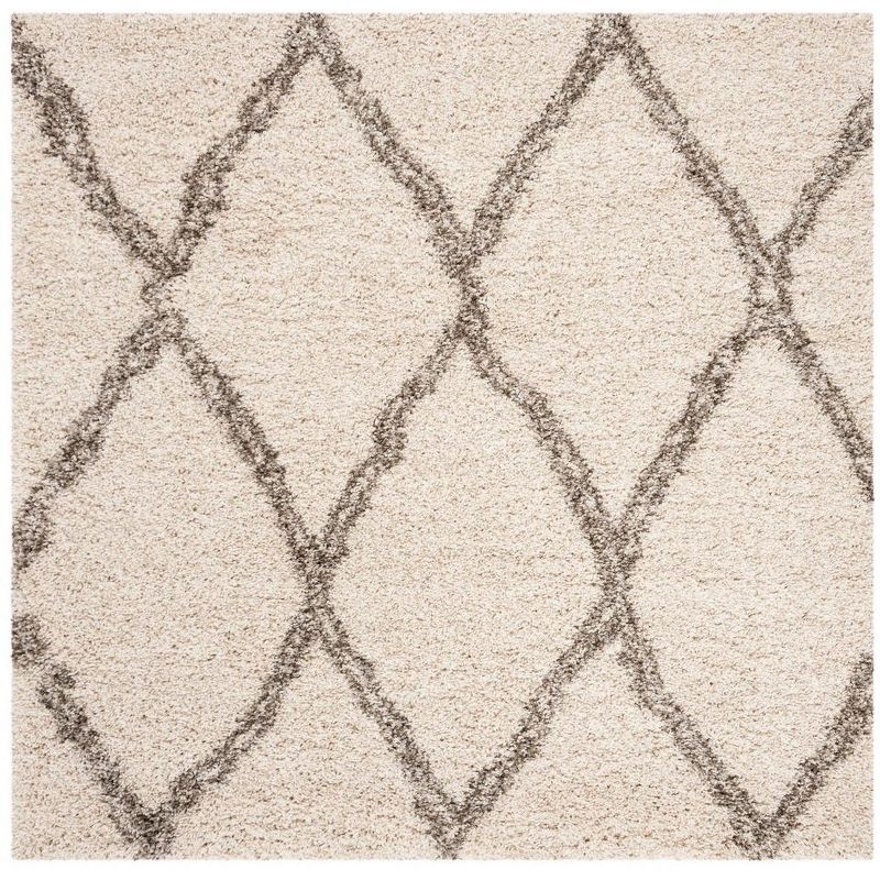 Ivory and Grey 5' Square Abstract Shag Area Rug