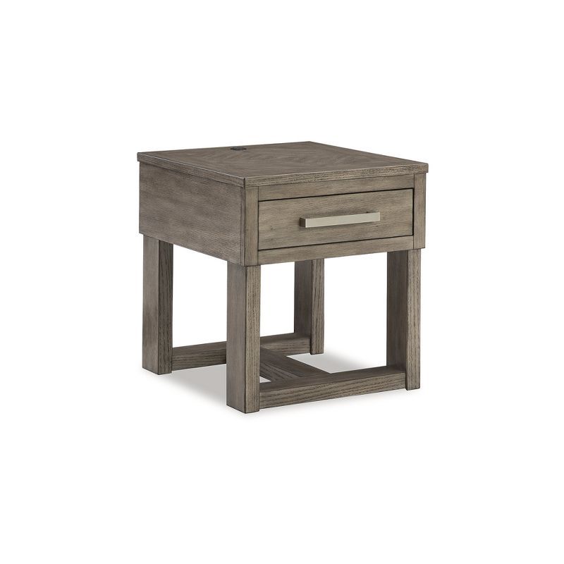 Transitional Brown and White Wood End Table with Storage and USB Charging