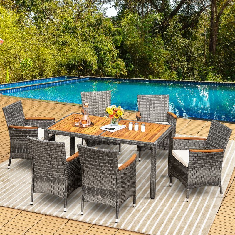 Gray and Beige 6-Person Rattan Dining Set with Acacia Wood Table