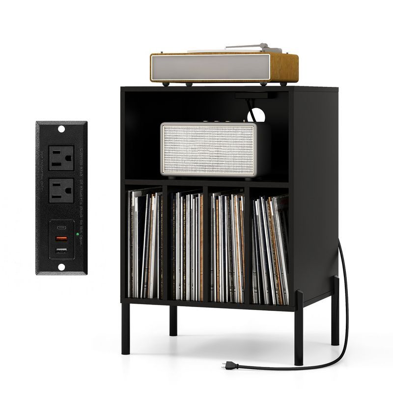 Black Particle Board Record Player Stand with Charging Station