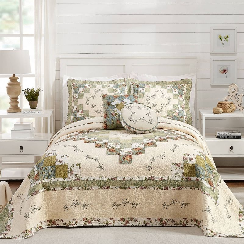 Olivia Green and Cream Cotton Queen Bedspread with Floral Embroidery