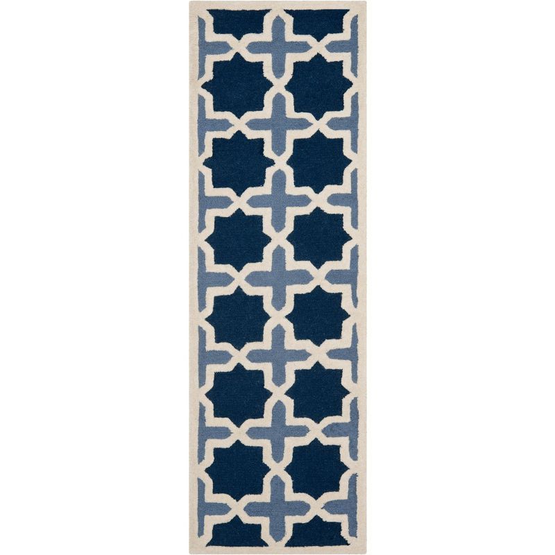 Hand-Tufted Geometric Blue and Ivory Wool Runner Rug