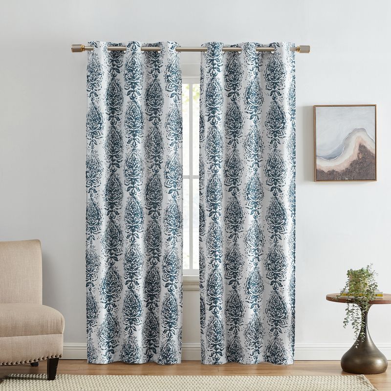 Indigo Boho Print Blackout Grommet Window Curtains, Set of 2