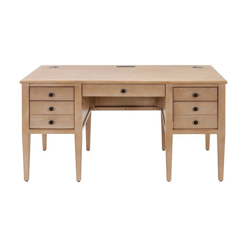 Light Brown Wood Home Office Desk with USB Ports and Drawers