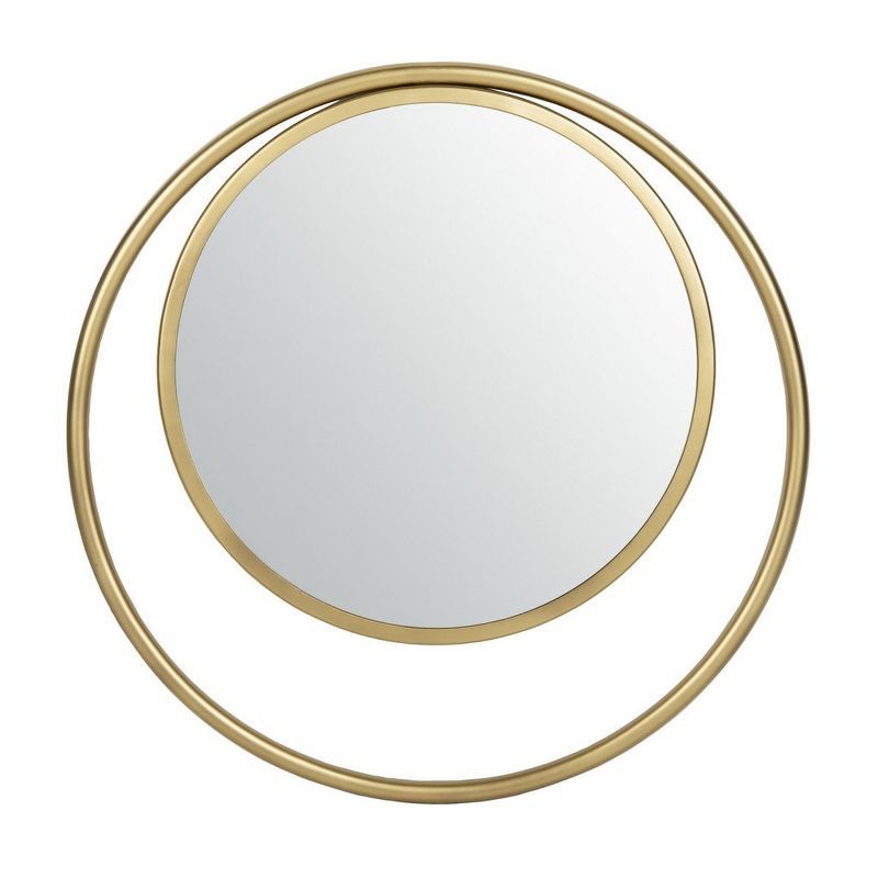 Contemporary Round Wood & Gold Brushed Brass 23.75" Mirror